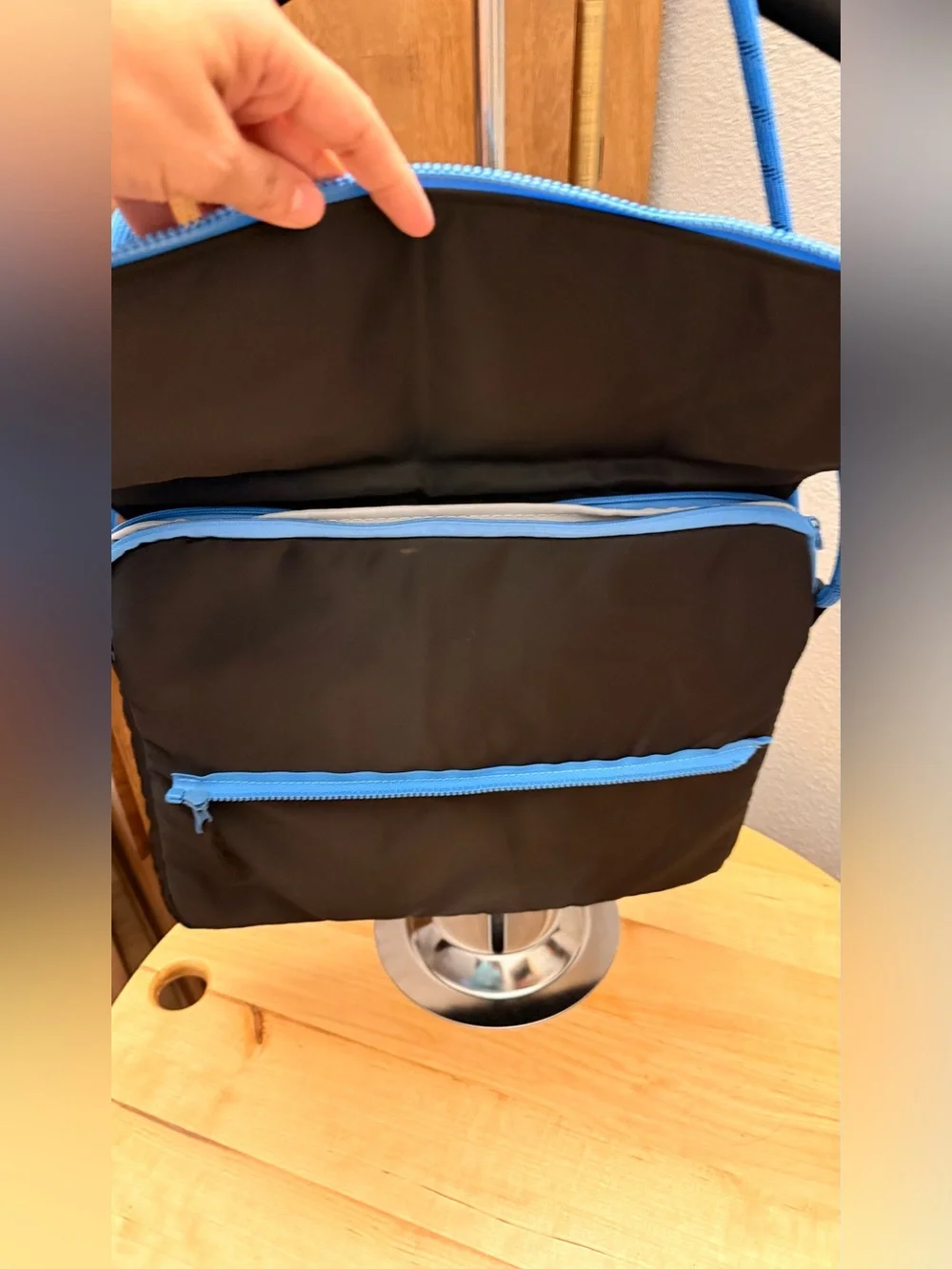 Black Messenger Bag for tablet or laptop with blue rope style shoulder strap